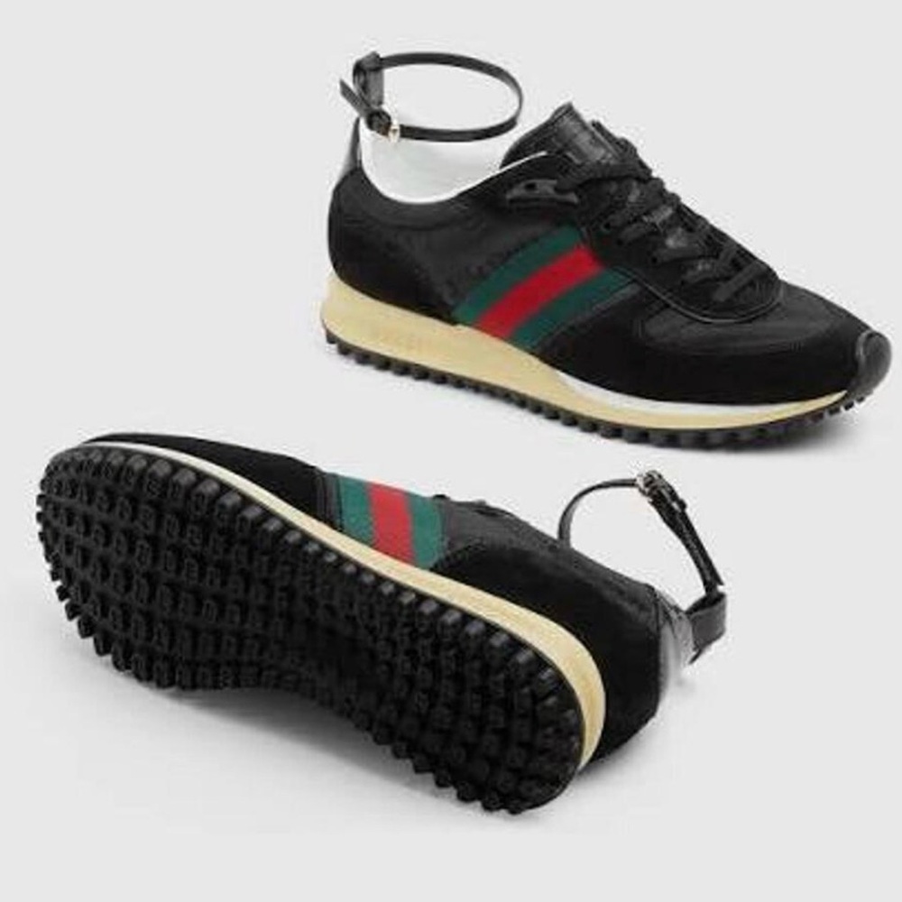 Gucci Black Sneakers with Green and Red Stripes